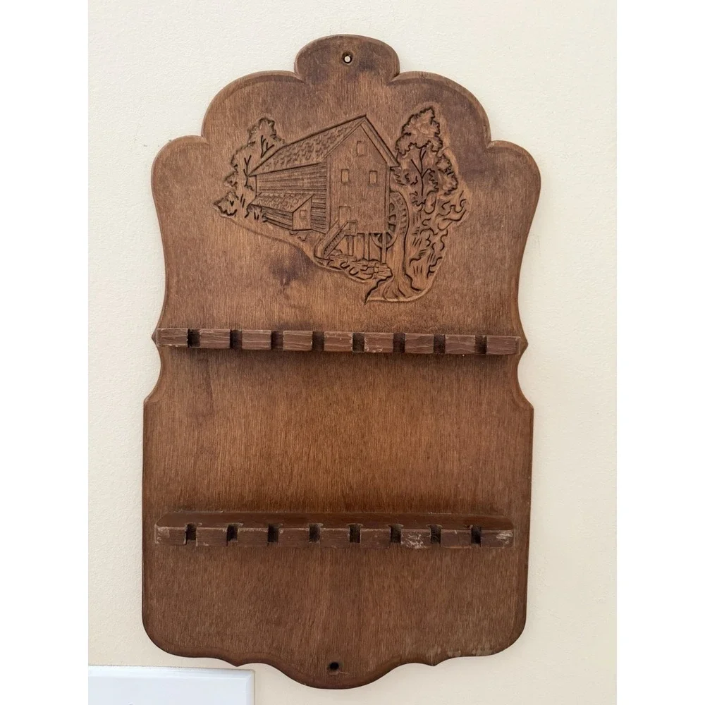 Vintage Wooden Souvenir Spoon Display Rack Wall Mounted Farmhouse 16 Slots